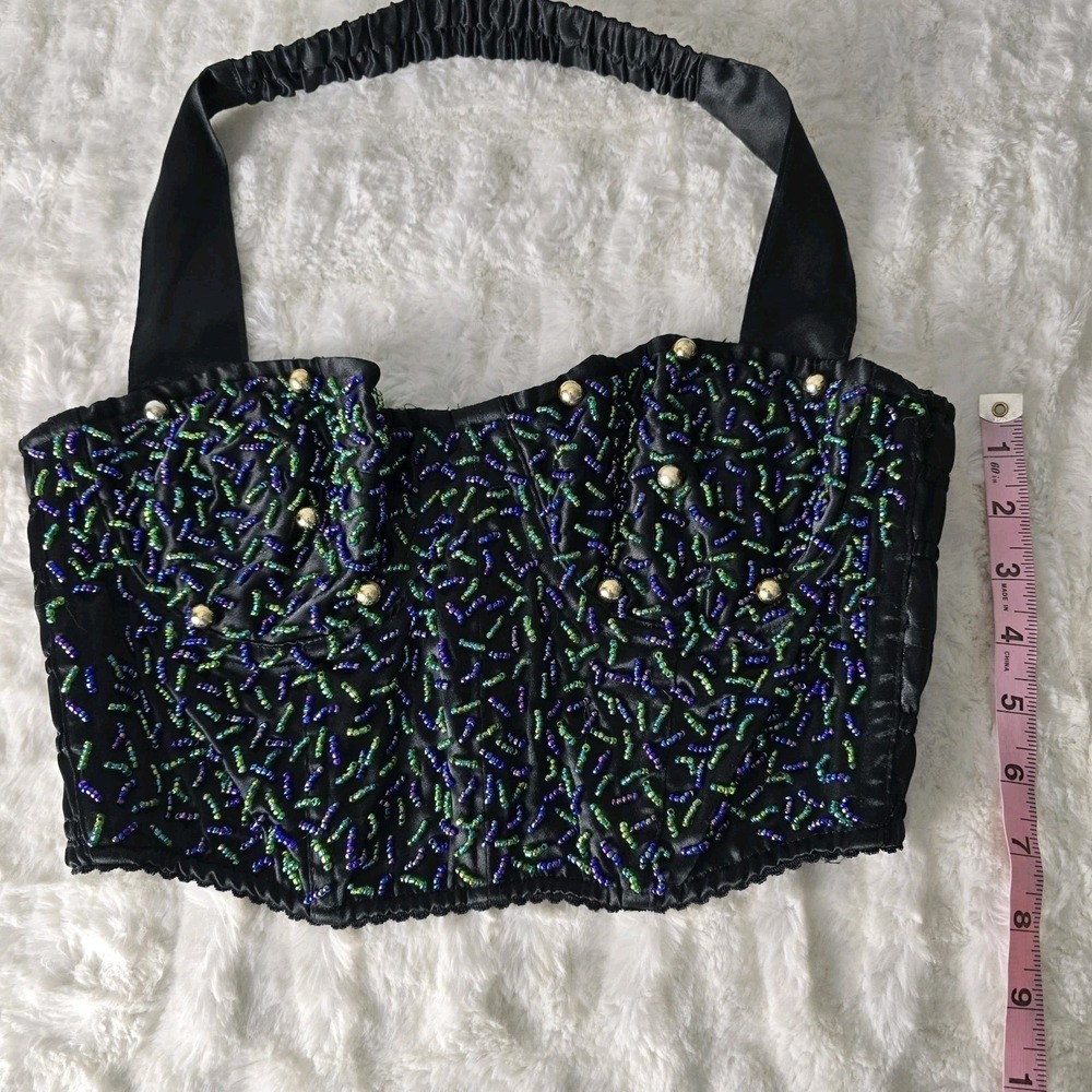 Victoria's Secret VTG Gold Label Black Corset Blue Green Beaded Bra Bustier Med - Picture 7 of 16